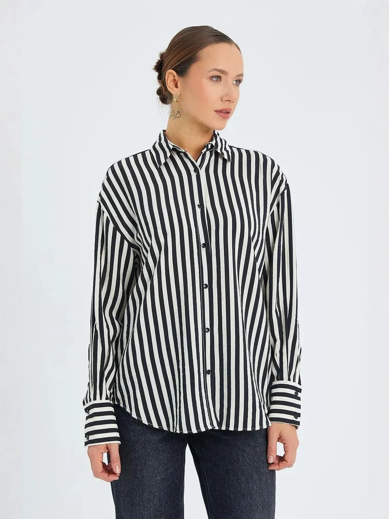 ميكسراي Mixray Striped Long Sleeve Button-Up Shirt